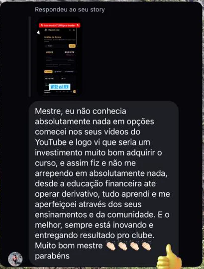 Print da mensagem de Aluno Trader Raiz: Não conhecia absolutamente nada em opções.