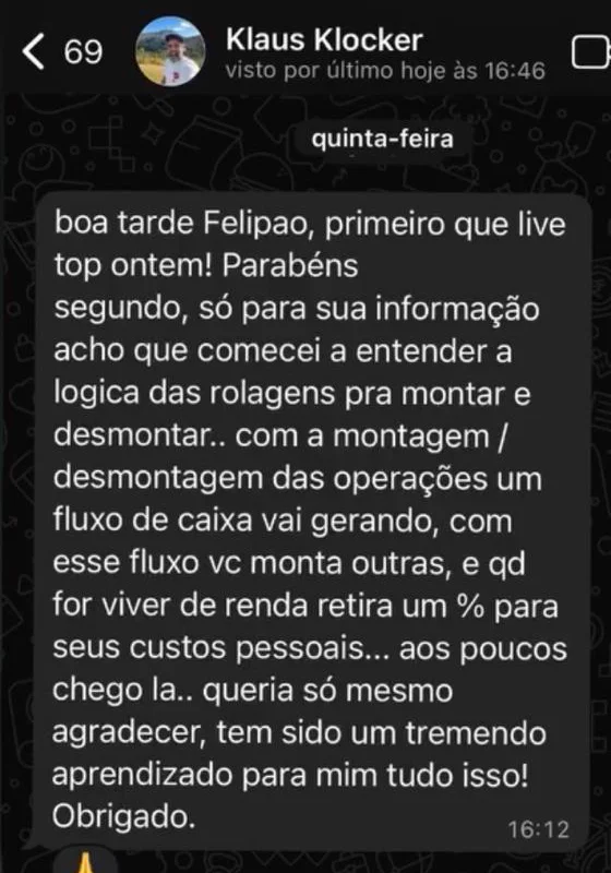 Print da mensagem de Klaus K.: Comecei a entender a lógica das rolagens.